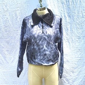 Ladies pullover,black grey abstract,sheer overlay,hypnotic shimmer,large collar